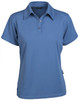 A blue ladies' polo shirt with a collar, short sleeves, and a logo on the chest area.