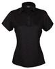 A black ladies' polo shirt featuring a button placket and an embroidered logo.