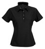 A black ladies' polo shirt with a collared neckline and three buttons, featuring a logo on the chest.