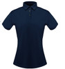 A navy blue ladies' polo shirt featuring a collar and three buttons, with a fitted design and a logo.