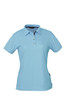 A light blue women's polo shirt with a collar, featuring three buttons and a logo on the side.