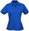 A blue polo shirt for ladies featuring a collar, short sleeves, and a button-up front. It has a logo on the design.