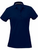 A navy blue ladies' polo shirt with a collared neckline and buttons, featuring a logo.