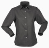 A ladies' long-sleeve button-up shirt in dark grey, featuring a collar and a branded logo.