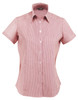 A red and white striped short-sleeve button-up ladies' shirt with a collar and a logo.