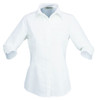 A white button-up shirt for ladies with 3/4 sleeves and a collared neck, featuring a logo.