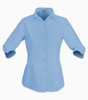 A light blue 3/4 sleeve ladies' button-up shirt with a collar and a logo.