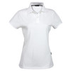 A white ladies' polo shirt featuring a collar and short sleeves, with a branding logo on the side.