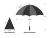 A black golf umbrella with a grey panel design, featuring dimensions for both the umbrella and a panel.