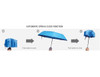 A blue umbrella featuring an automatic open and close function, shown in three stages of use. It includes a logo.