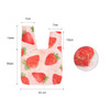 A wrist bag featuring a strawberry pattern, predominantly pink with green accents, and includes a logo. Dimensions are noted.