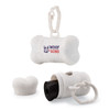 A bone-shaped dog waste bag dispenser in white with a logo and a roll of waste bags included.
