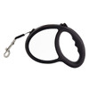 A retractable dog lead in black, featuring a curved handle and metal clip for attachment. It has a logo on the side.