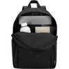 A black laptop backpack with a front pocket, housing a drink bottle, notebook, and laptop nestled inside.