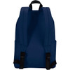 A navy blue laptop backpack with two shoulder straps and side pockets. It features a simple design and has a logo.