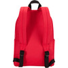 A red backpack featuring adjustable black straps and side pockets, with a simple, clean design.