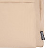 A beige laptop backpack made from recycled polyester, featuring a visible logo and a front pocket.