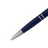 A navy blue aluminium pen with a shiny silver tip and textured grip, featuring a logo on the barrel.