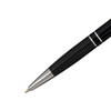 A black aluminium pen with a sleek design and silver accents, featuring a textured grip and a logo.