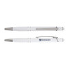 A sleek white aluminium pen with silver accents and a branding logo on the side.