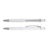 A white aluminium pen with silver accents, featuring a grooved grip and a clip. The pen has a sleek, modern design.