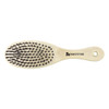 A pet grooming brush with a wooden handle and black bristles, featuring a logo on the handle.