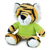 A plush tiger toy with orange and black stripes, wearing a green shirt and featuring a friendly facial expression.