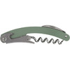 A green waitress knife with a corkscrew, bottle opener, and knife blade, featuring a metallic finish.