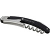 A black and silver waiter’s knife featuring a corkscrew and a folding design. It includes a logo on the handle.