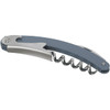 A grey waitress knife with a corkscrew and a stainless steel blade. It features a logo on the handle.