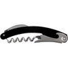 A black and silver waitress knife with a corkscrew and bottle opener, featuring a sleek, curved design.