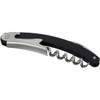 A black and silver waitress knife featuring a corkscrew and folding blade, with a metallic finish and a logo.