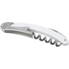 A white and stainless steel waitress knife with a corkscrew and bottle opener. It features a sleek design and a logo.