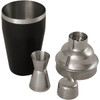 A black stainless steel cocktail shaker set featuring a shaker, jigger, strainer, and lid in silver.