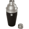 A stainless steel cocktail shaker in black with a silver lid and base, featuring a branding logo.