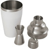 A stainless steel cocktail shaker set featuring a white shaker, jigger, strainer, and lid. Includes a logo.