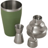 A stainless steel cocktail shaker in green, including a jigger and a strainer, with a logo on the shaker.