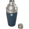 A stainless steel cocktail shaker in dark blue with a metallic cap, featuring a logo.
