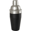 A stainless steel cocktail shaker featuring a black matte finish and a silver top, with a logo on the side.