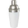 A stainless steel cocktail shaker with a white body and metallic lid, featuring a logo.