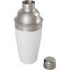 A stainless steel cocktail shaker with a matte white body and a shiny silver lid, featuring a logo.