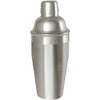 A stainless steel cocktail shaker with a sleek, metallic finish and a secured top, featuring a logo.