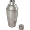 A stainless steel cocktail shaker in a sleek metallic finish, featuring a removable cap and a side opening.