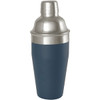 A stainless steel cocktail shaker with a matte navy blue finish and a shiny silver top. It has a logo on the side.
