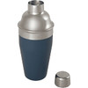 A stainless steel cocktail shaker with a dark blue base and silver top, featuring a logo on the body.