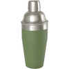 A stainless steel cocktail shaker with a matte green base and shiny silver top, featuring a logo.