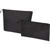 A black recycled toiletry bag set featuring a large and a small zippered pouch. Both bags have a logo.