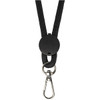 A black phone lanyard with a clasp and a plastic attachment point. It features a woven design.