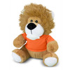 A lion plush toy with a fluffy mane and an orange T-shirt, featuring a soft brown body and white paws.