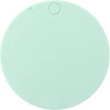 A circular mint green makeup mirror featuring a smooth surface and a small button, with a logo present.